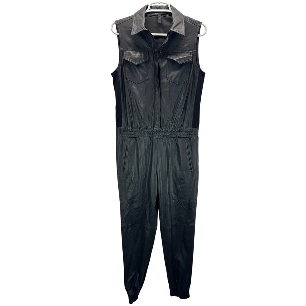 BCBGmaxazria Black Faux Leather Sleeveless Collared Utility Jumpsuit S